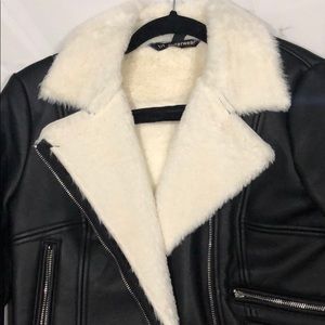 Zara Black Leather Jacket with White Fur Inside S